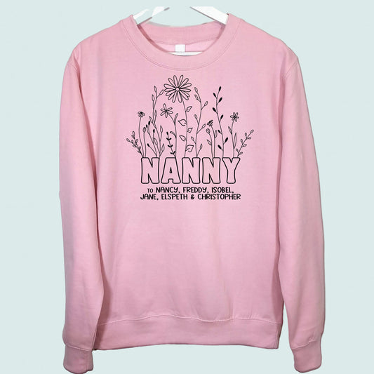 Nanny Wildflowers Sweatshirt Personalised with Grandchildrens Names Baby Pink