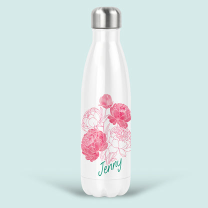 Personalised Floral Water Bottle Peonies Custom Name