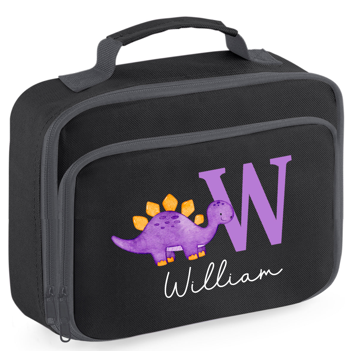 Personalised Lunch Bag, Purple Dinosaur Design with Name