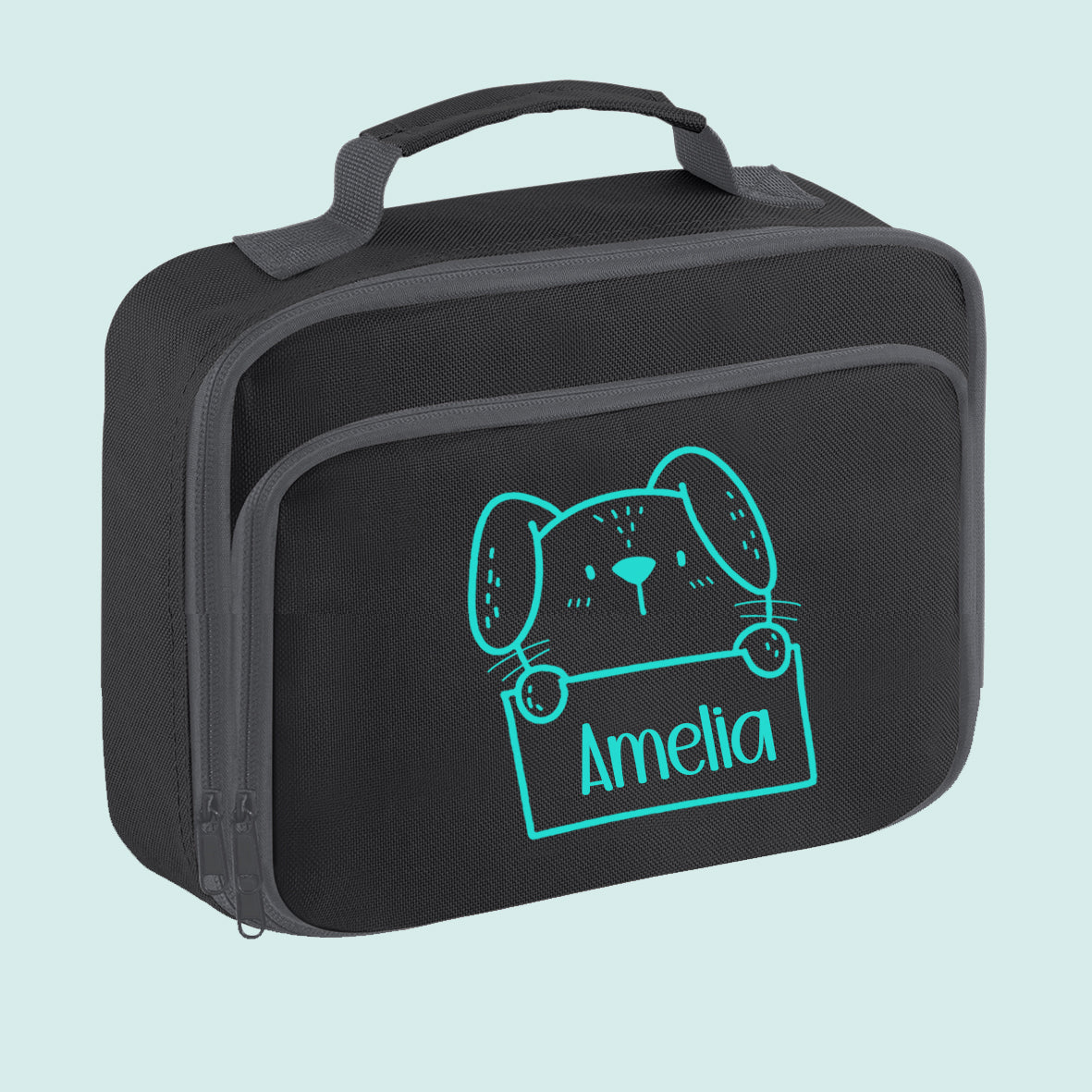 Personalised Lunch Bag, Cute Dog Design with Name, Black