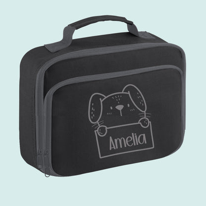 Personalised Lunch Bag, Cute Dog Design with Name, Black