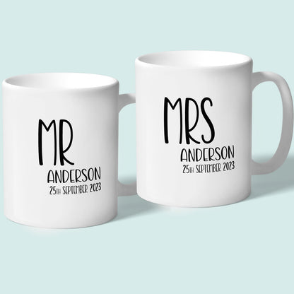 Personalised Mr and Mrs Mugs with Name and Date for Wedding