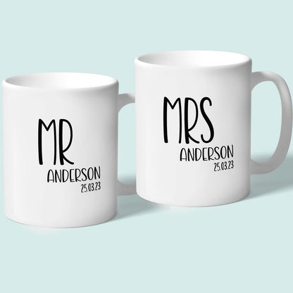 Personalised Mr and Mrs Mugs with Name and Date for Wedding