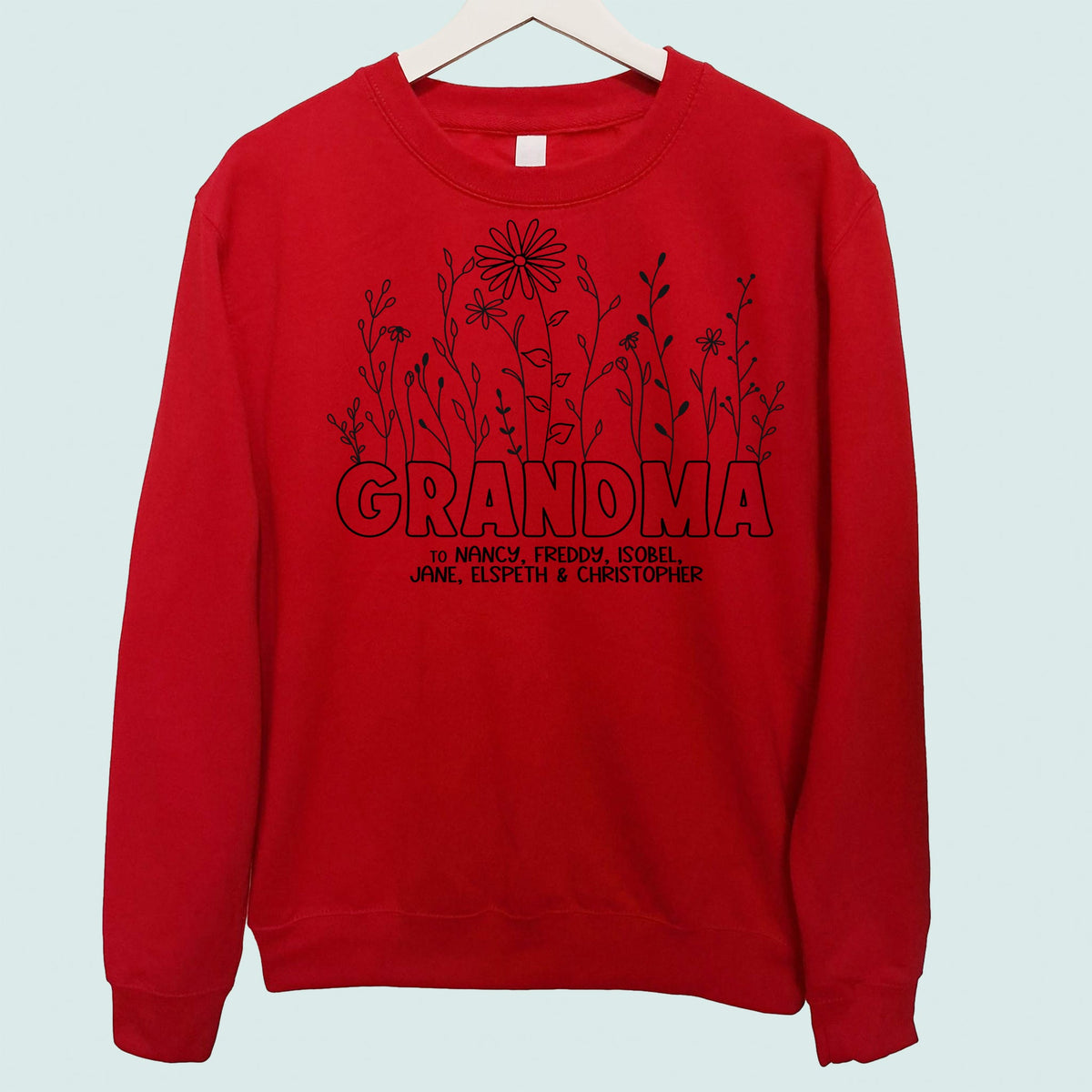 Grandma Wildflowers Sweatshirt Personalised with Grandchildrens Names Red