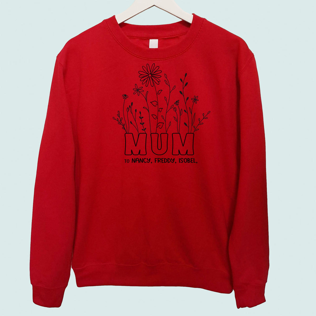 Mum Wildflowers Sweatshirt Personalised with Childrens Names Red