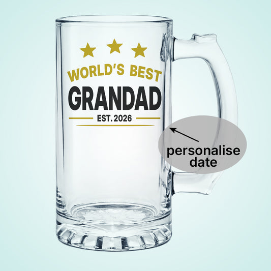 World's Best Grandad Beer Glass Est. with Custom Date, Black & Gold Design