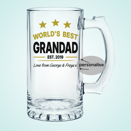 World's Best Grandad Beer Glass from Grandchildren Est. with Custom Date, Black & Gold Design