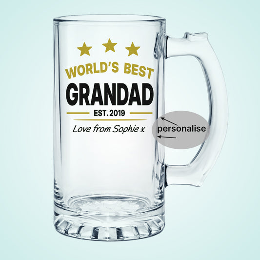 World's Best Grandad Beer Glass from Granddaughter Est. with Custom Date, Black & Gold Design