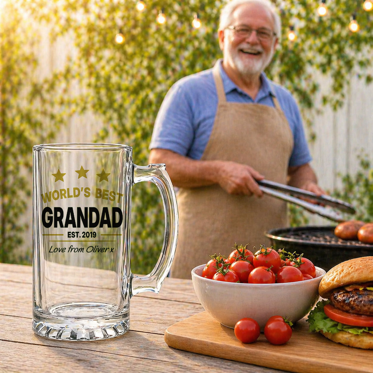 Worlds Best Grandad Clear Beer Glass from Grandson Date Est Black & Gold BBQ