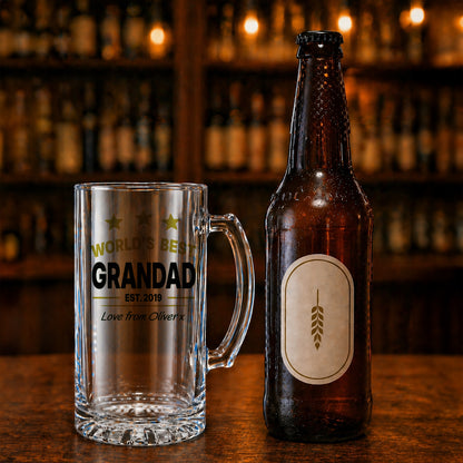 Worlds Best Grandad Clear Beer Glass from Grandson Date Est Black & Gold Bottle