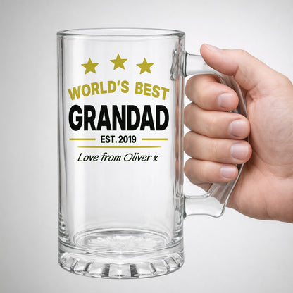 Worlds Best Grandad Clear Beer Glass from Grandson Date Est Black & Gold Hand Holding