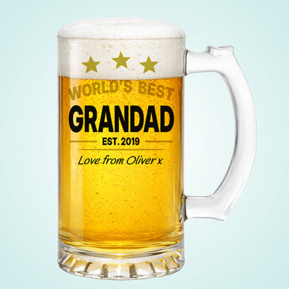 Worlds Best Grandad Clear Beer Glass from Grandson Date Est Black & Gold with Beer