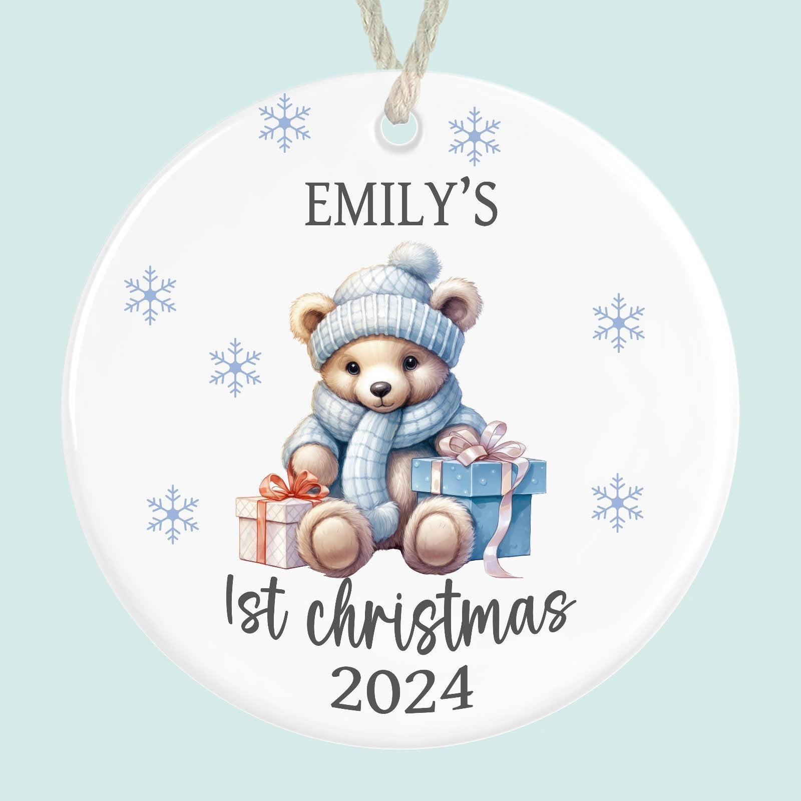 personalised babys first christmas ornament ceramic blue teddy
