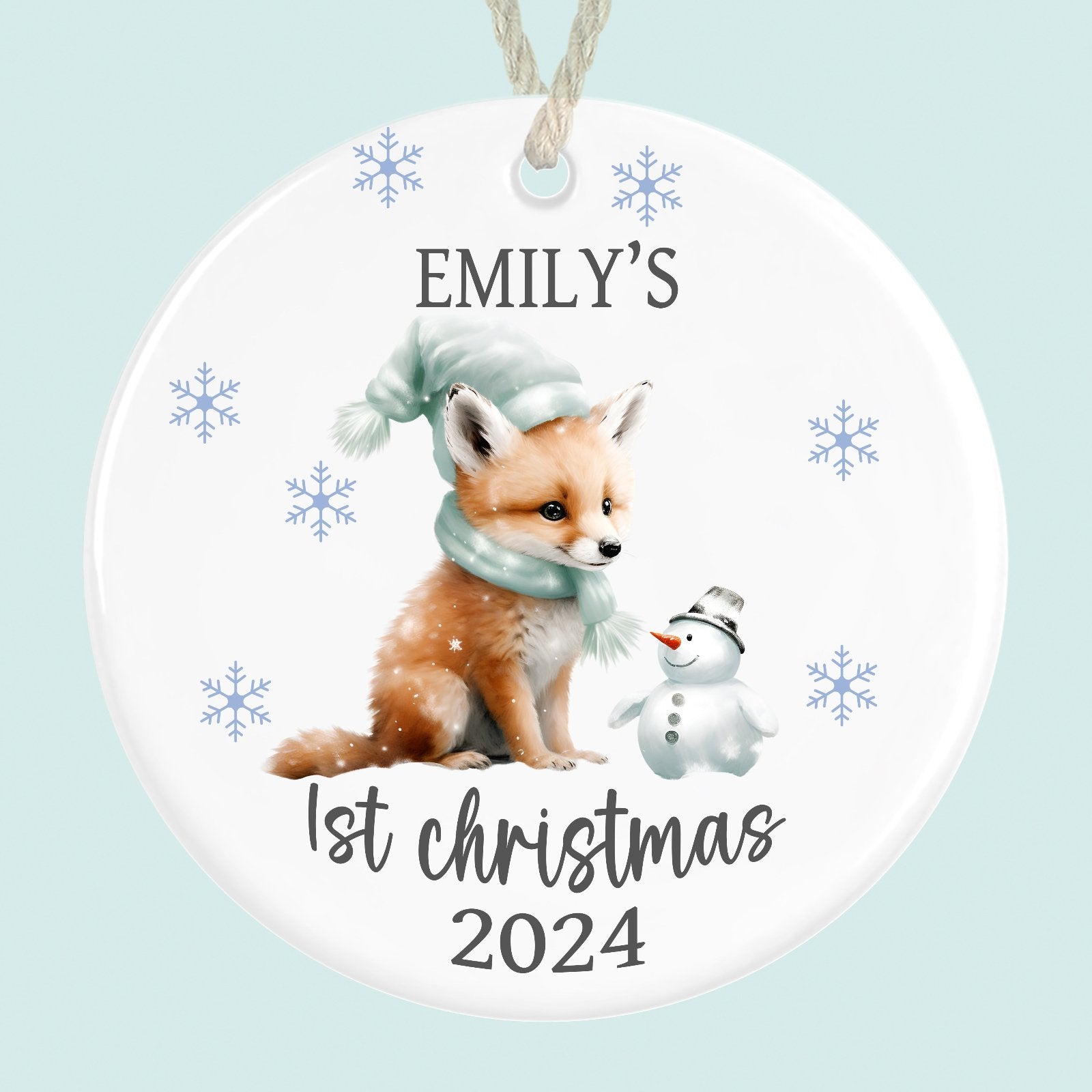 personalised babys first christmas ornament ceramic fox snowman