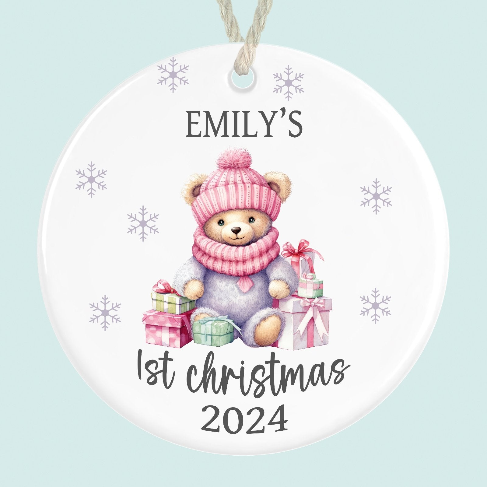 personalised babys first christmas ornament ceramic pink teddy