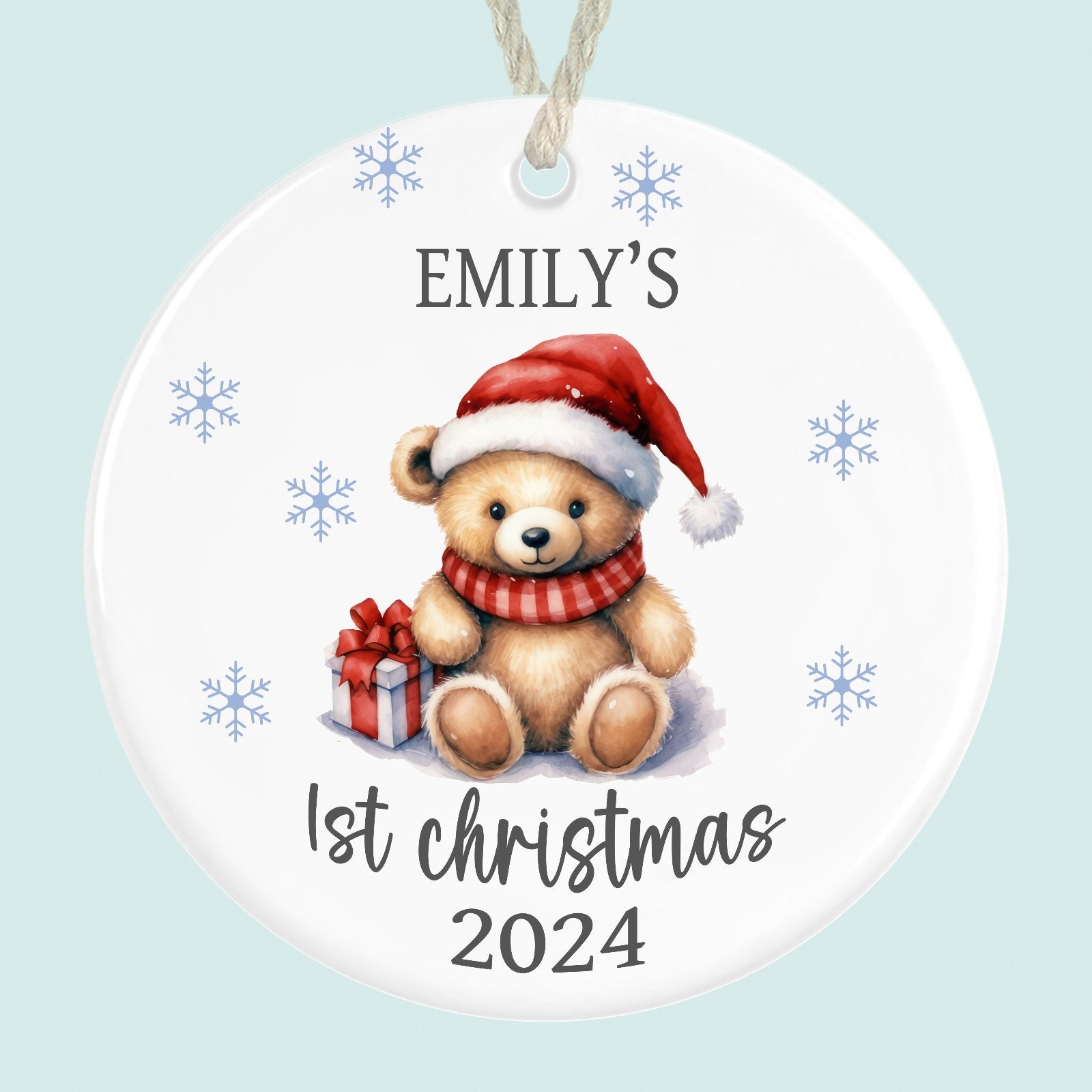 personalised babys first christmas ornament ceramic teddy in red