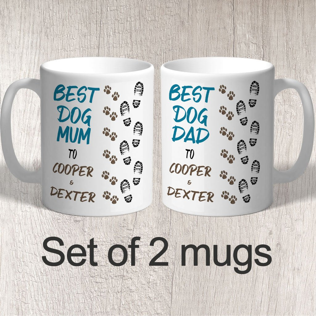 Set of 2 Mugs Products Best Dog Dad &amp; Mum Footprints &amp; Paw Prints to (dog/s names) FREE P&amp;P