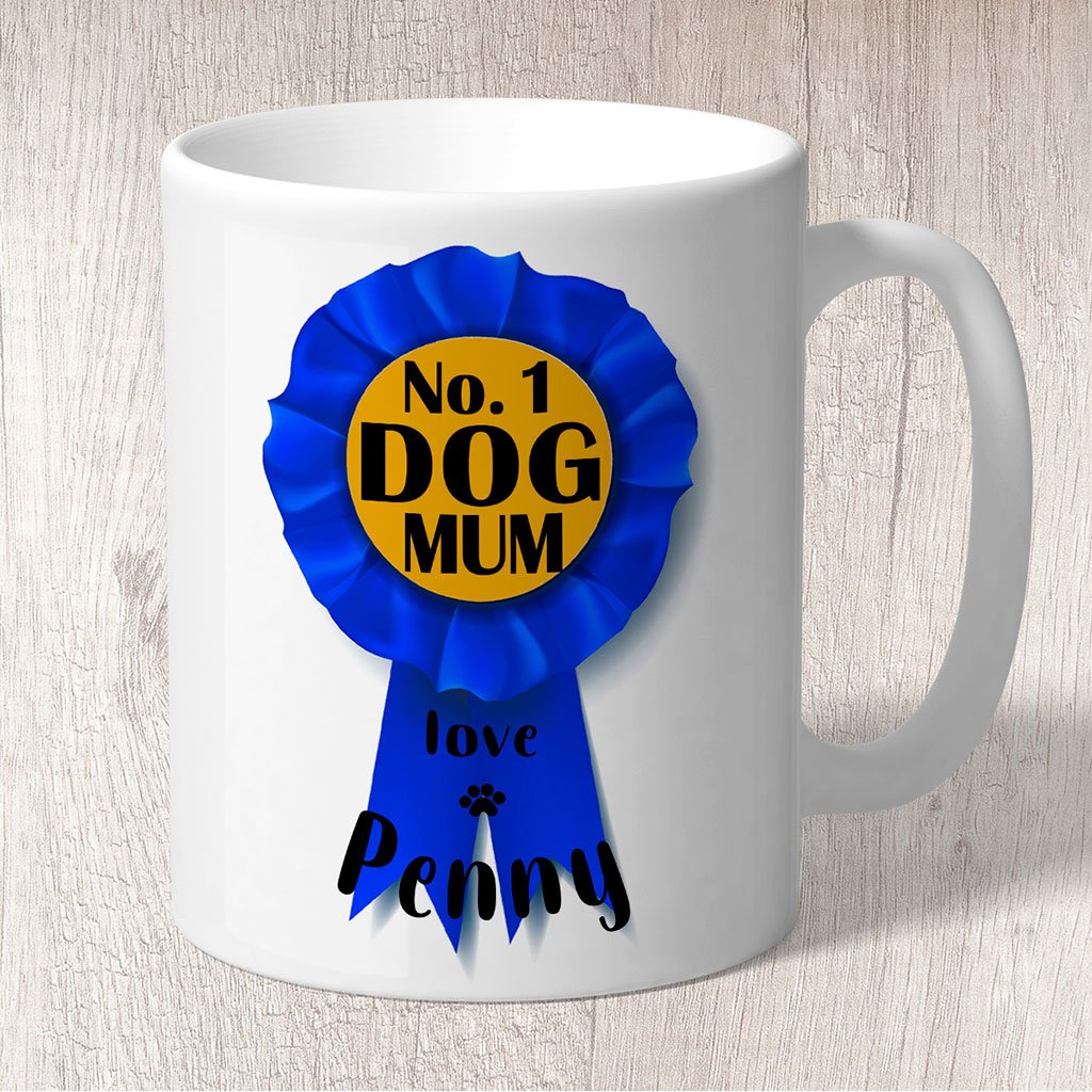 No. 1 Dog Mum Blue Rosette Personalised with Dog Name/s Mug