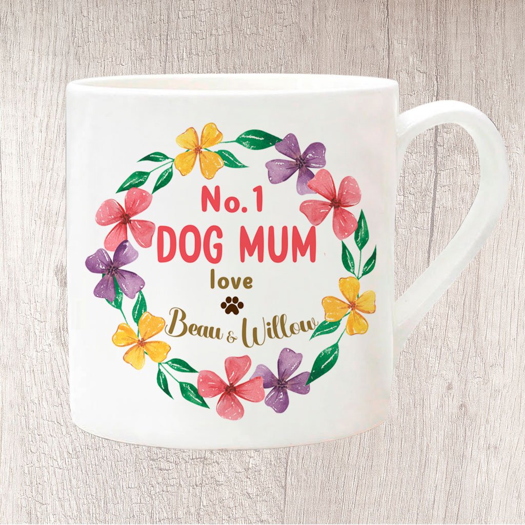 No. 1 Dog Mum Circle of Flowers Personalised with Dog Name/s Fine China Mug 13oz  (1072)