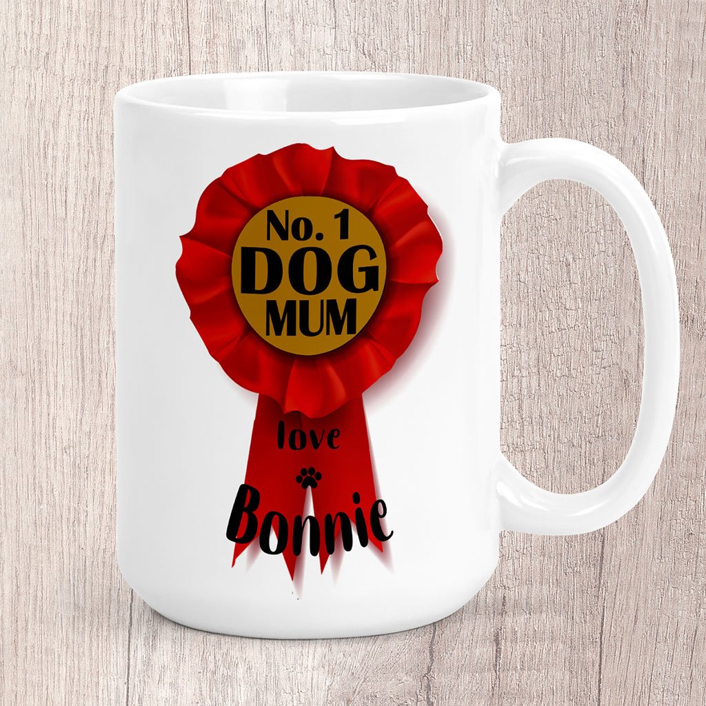 Large No. 1 Dog Mum Rosette Personalised with Dog Name/s Mug