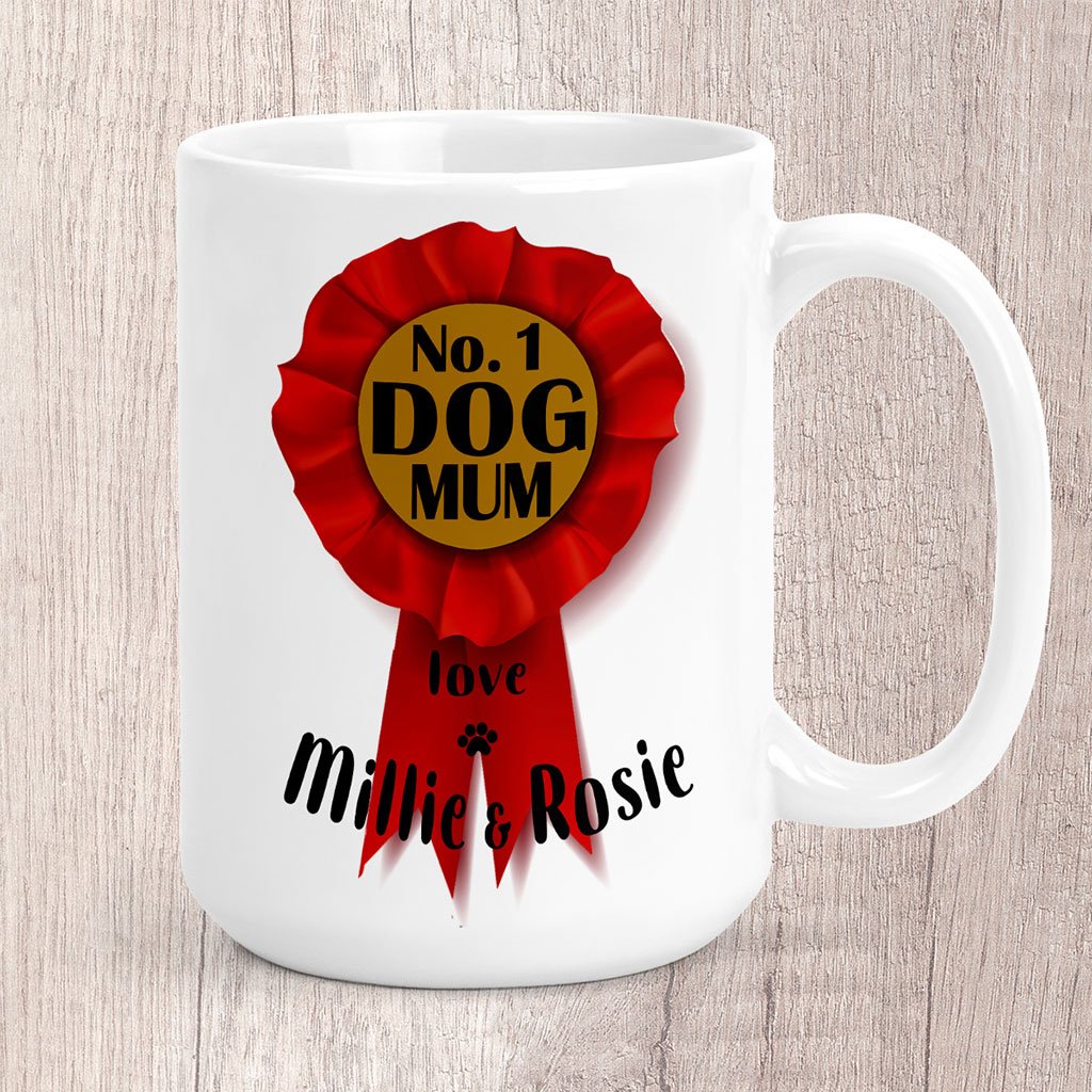 Large No. 1 Dog Mum Rosette Personalised with Dog Name/s Mug