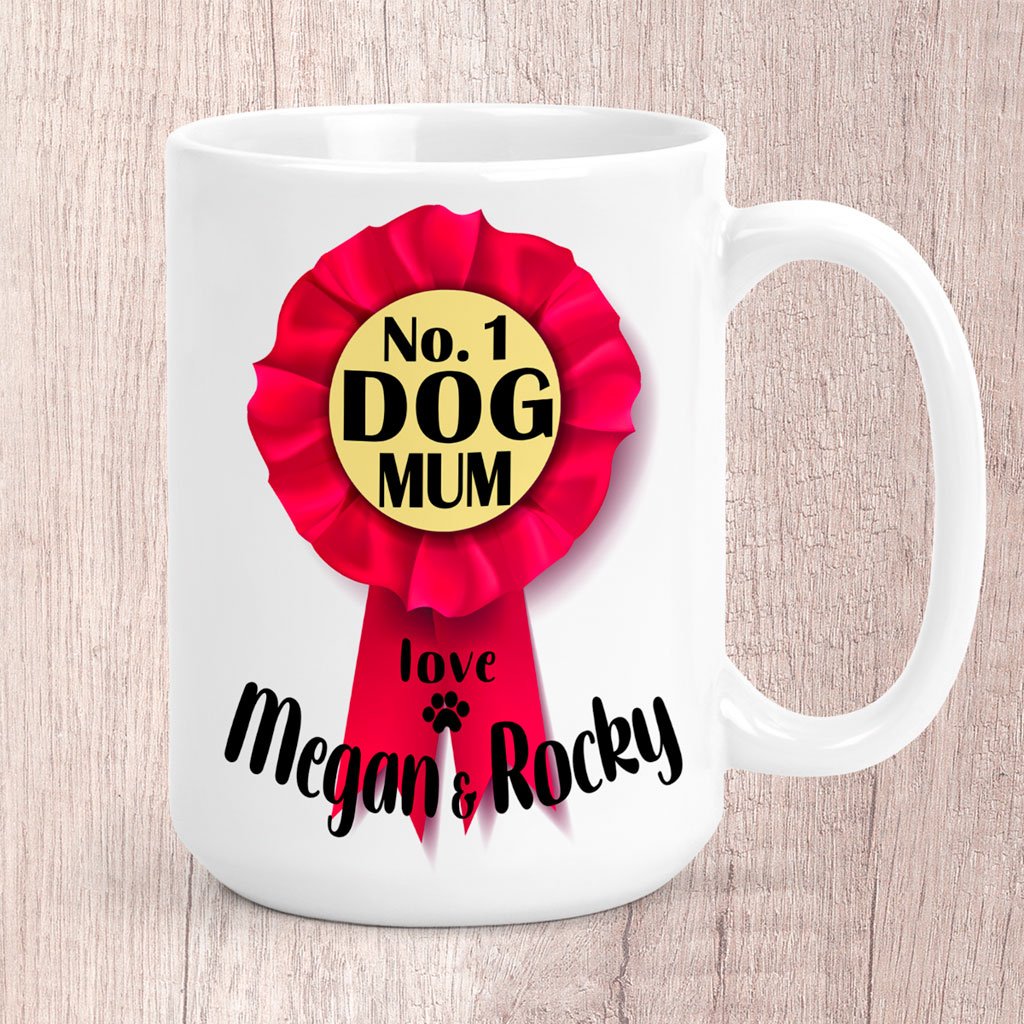 Large No. 1 Dog Mum Pink Rosette Personalised with Dog Name/s Mug