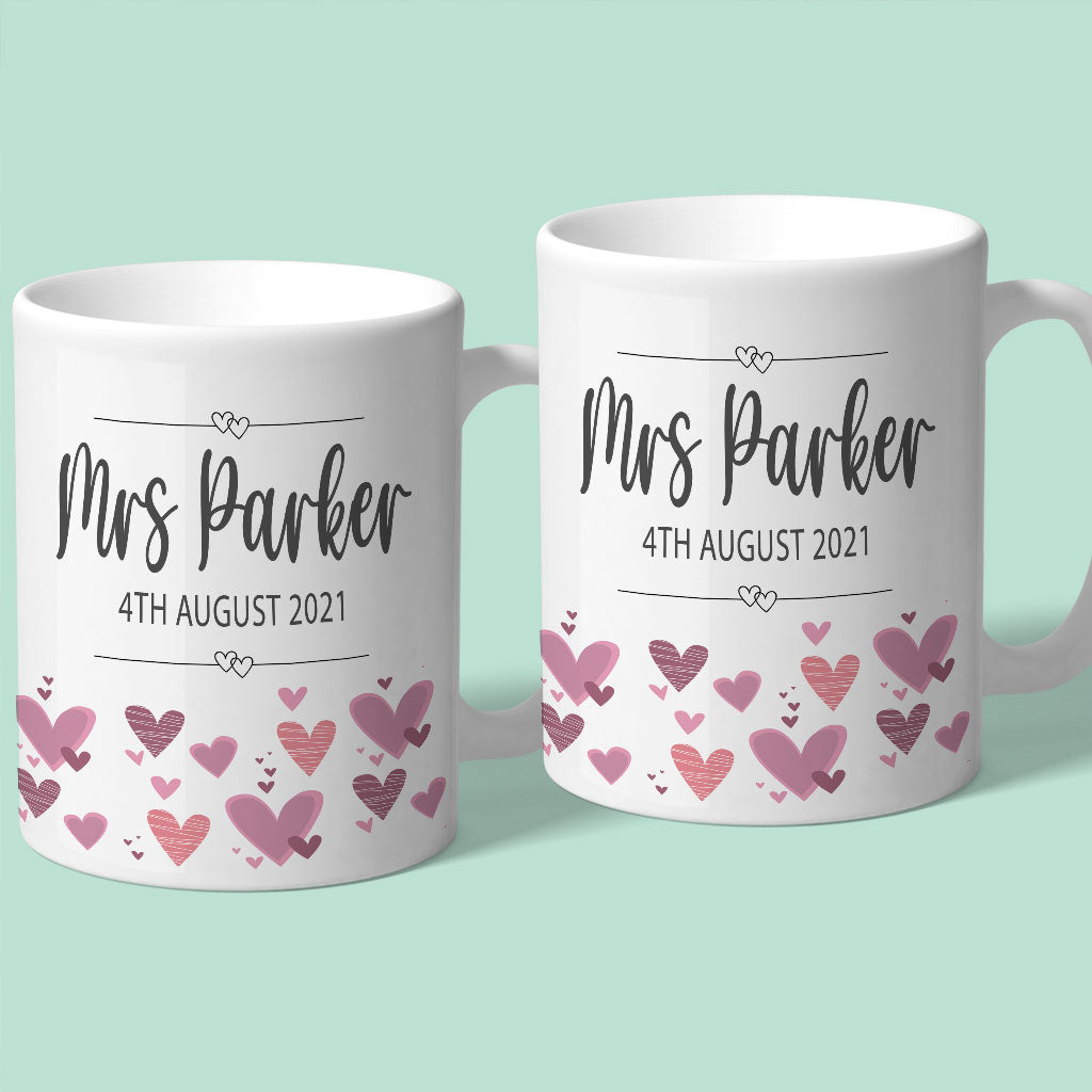 Mrs &amp; Mrs Personalised Wedding Mugs with Pink Hearts