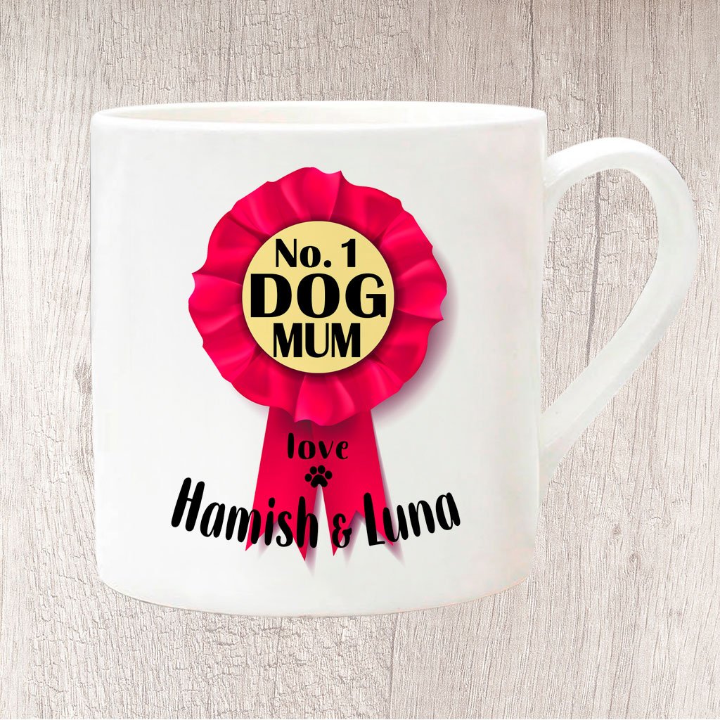 No. 1 Dog Mum Pink Rosette Personalised with Dog Name/s Fine China Mug 13oz