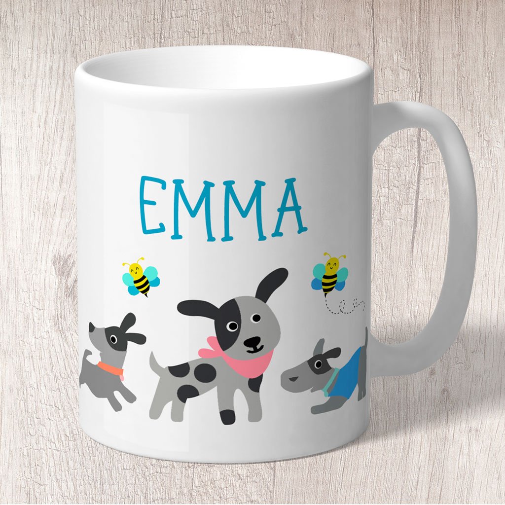 Dogs (Grey) and Bees Personalised with Blue Name Mug
