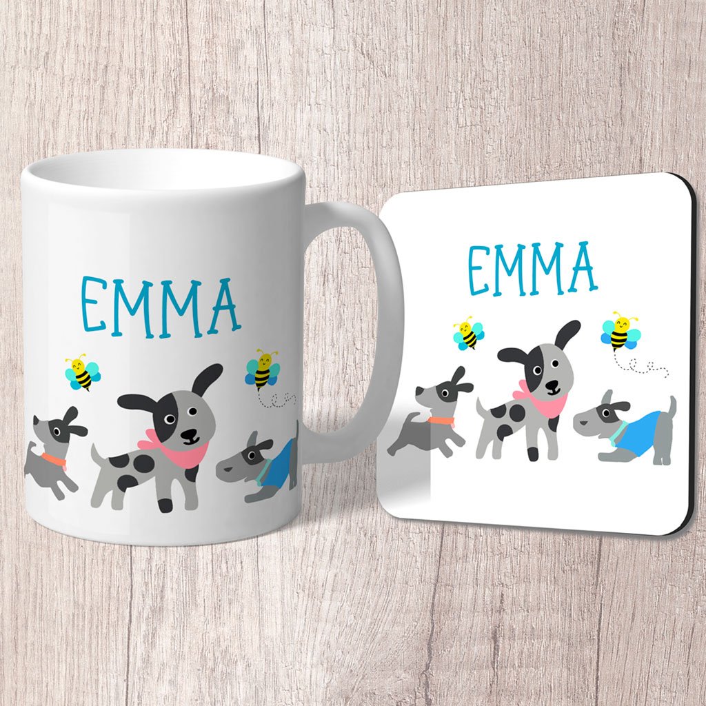 Dogs (Grey) and Bees Personalised with Blue Name Mug