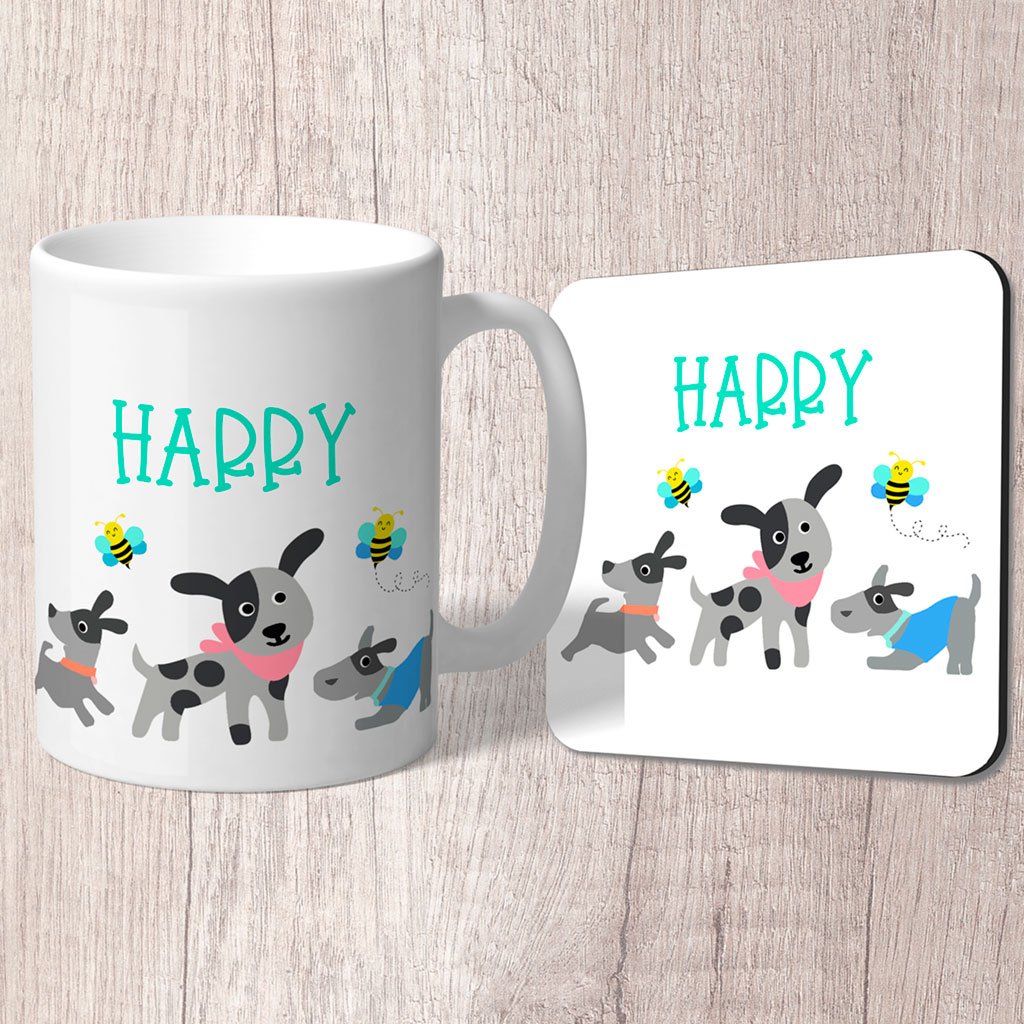 Dogs (Grey) and Bees Personalised with Green Name Mug