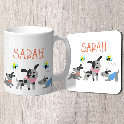 Dogs (Grey) and Bees Personalised with Orange Name Mug