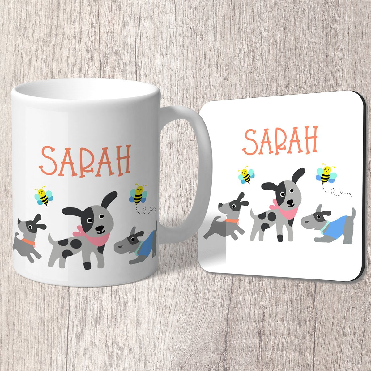 Dogs (Grey) and Bees Personalised with Orange Name Mug