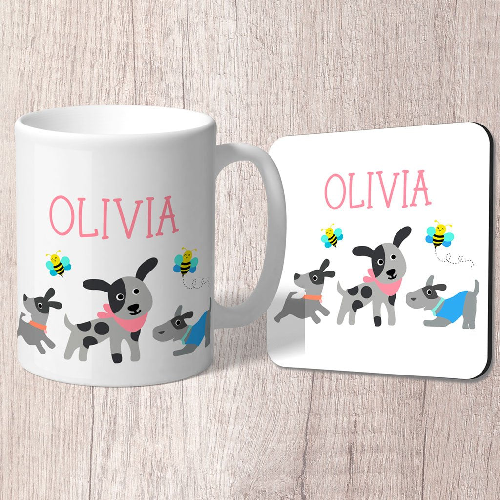 Dogs (Grey) and Bees Personalised with Pink Name Mug