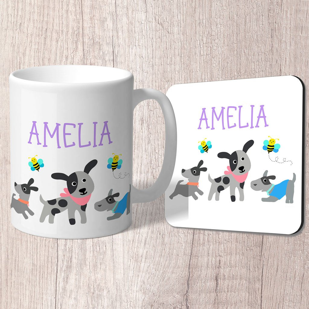 Dogs (Grey) and Bees Personalised with Purple Name Mug