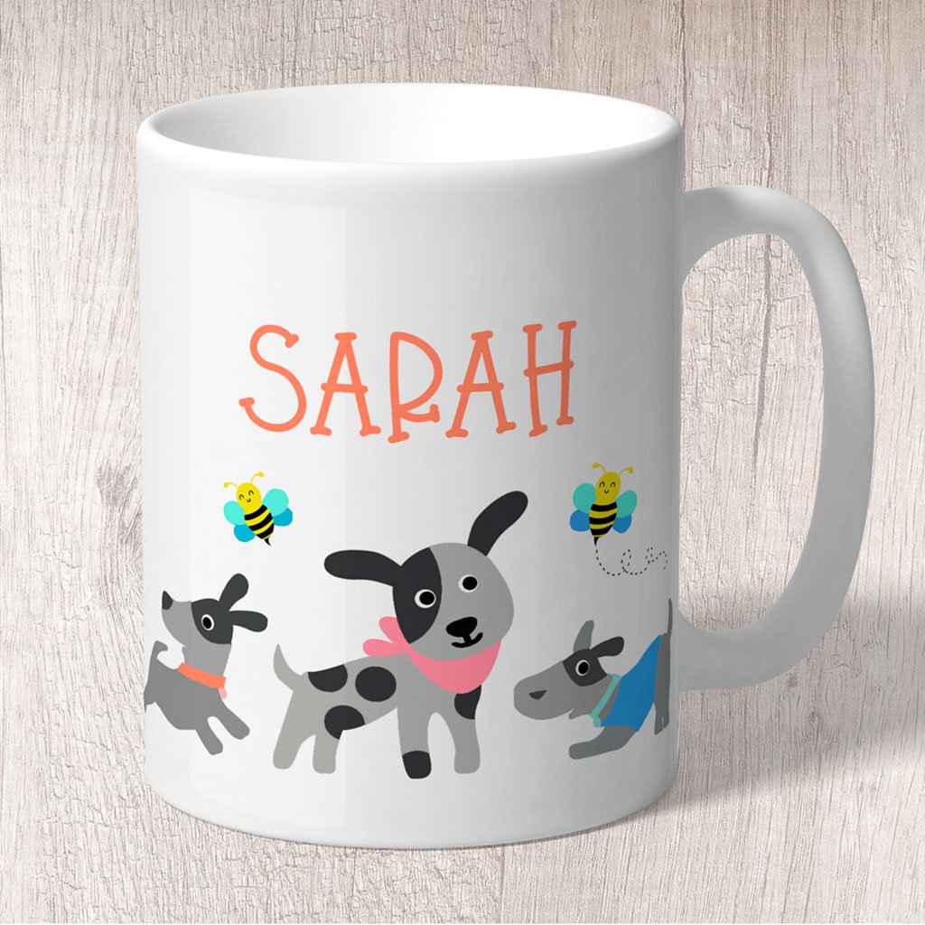 Dogs (Grey) and Bees Personalised with Orange Name Mug