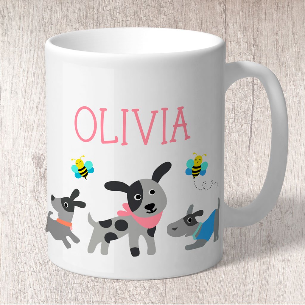 Dogs (Grey) and Bees Personalised with Pink Name Mug