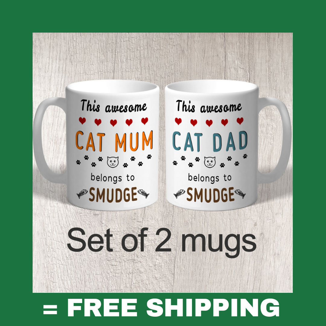 Set of 2 Mugs This Awesome Cat Mum &amp; Dad Belongs to (personalised with name/s) FREE P&amp;P