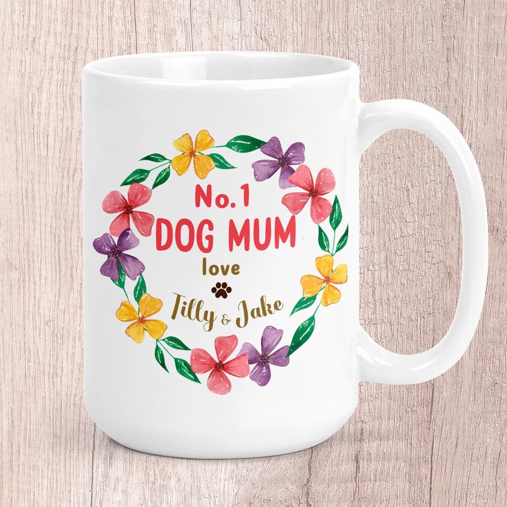 Large No. 1 Dog Mum Circle of Flowers Personalised with Dog Name/s Mug  (1072)
