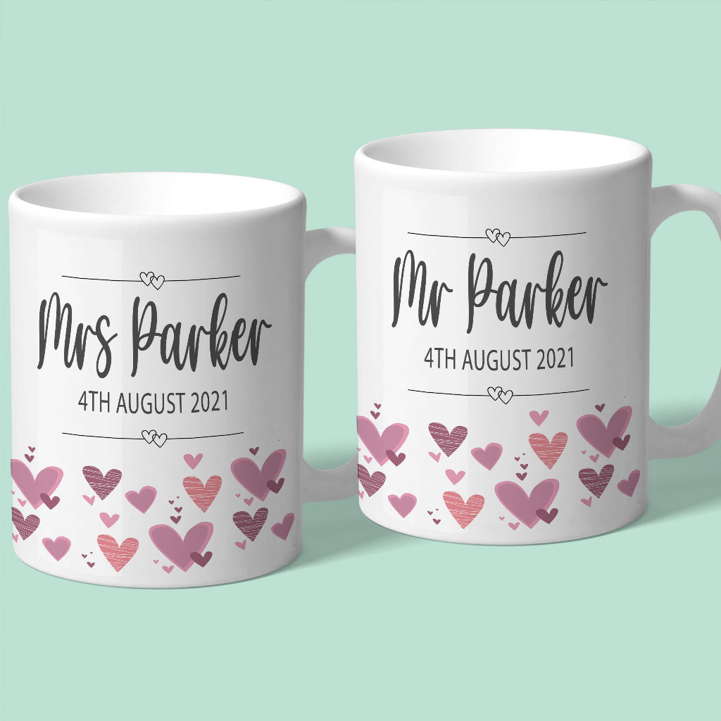 Mr &amp; Mrs Personalised Wedding Mugs with Pink Hearts