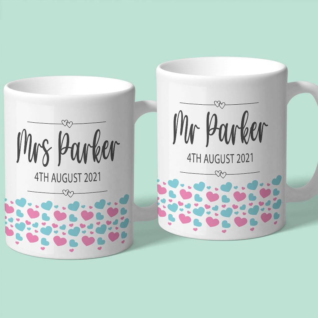 Mr &amp; Mrs Personalised Wedding Mug with Pink &amp; Turquoise Hearts