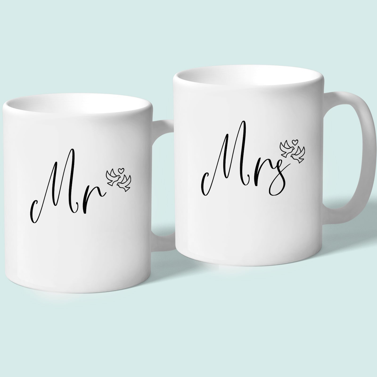 Mr and Mrs Mugs Wedding Doves Heart Script