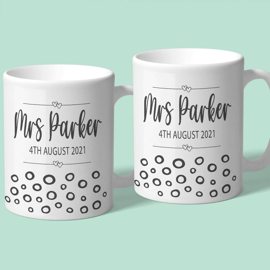 Mrs &amp; Mrs Personalised Wedding Mug with Circles Design