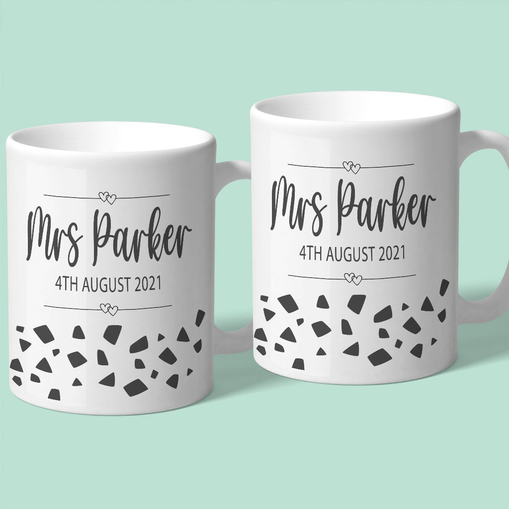 Mrs &amp; Mrs Personalised Wedding Mug with Geometric Design