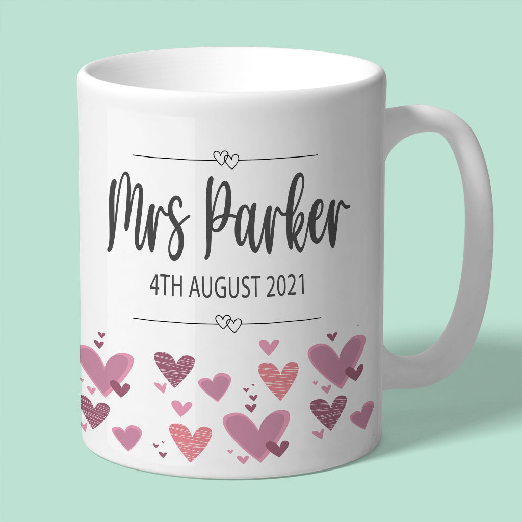 Mrs Personalised Wedding Mug with Pink Hearts
