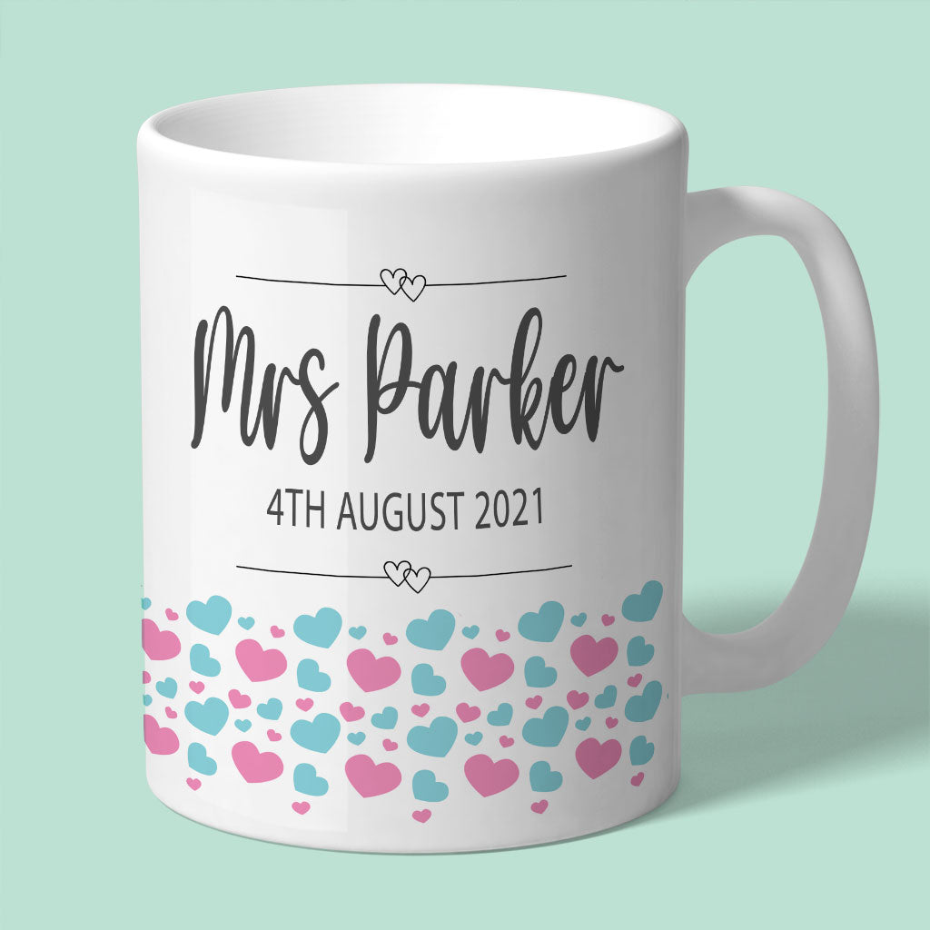 Mrs Personalised Wedding Mug with Pink &amp; Turquoise Hearts