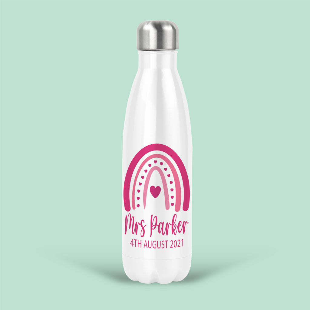 Mrs Rainbow Personalised Water Bottles Pink Text