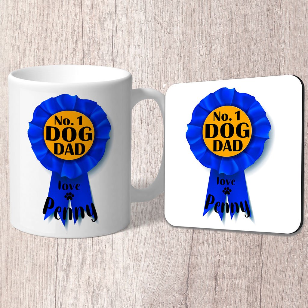 No. 1 Dog Dad Blue Rosette Personalised with Dog Name/s Mug