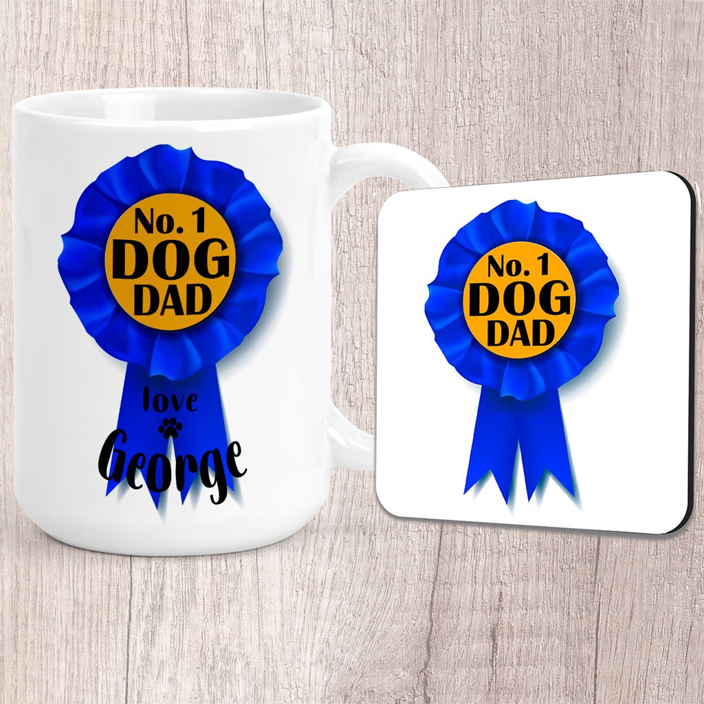 Large No. 1 Dog Dad Blue Rosette Personalised with Dog Name/s Mug