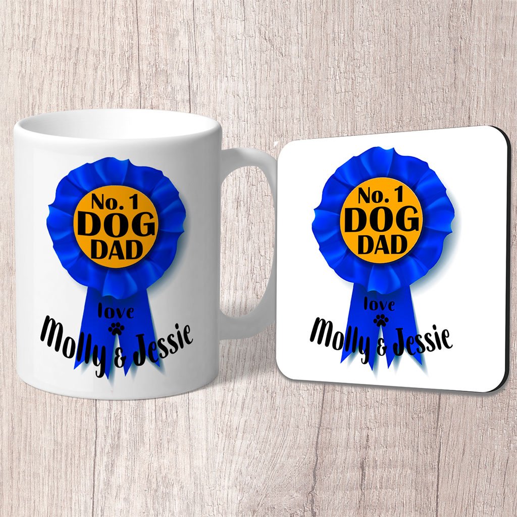 No. 1 Dog Dad Blue Rosette Personalised with Dog Name/s Mug